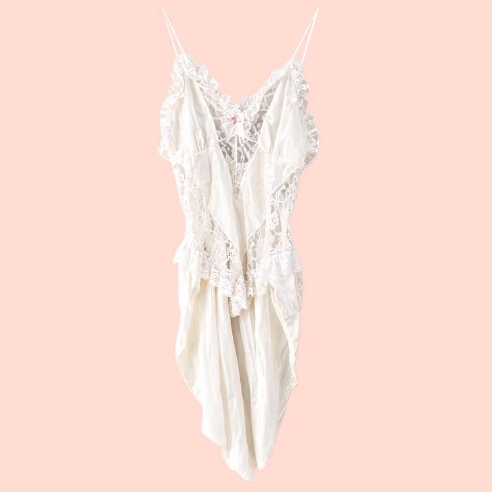 Vintage Lady Cameo Sheer Lace Overlay‎ Slip Topper 70s Bridal Boudoir Size L
